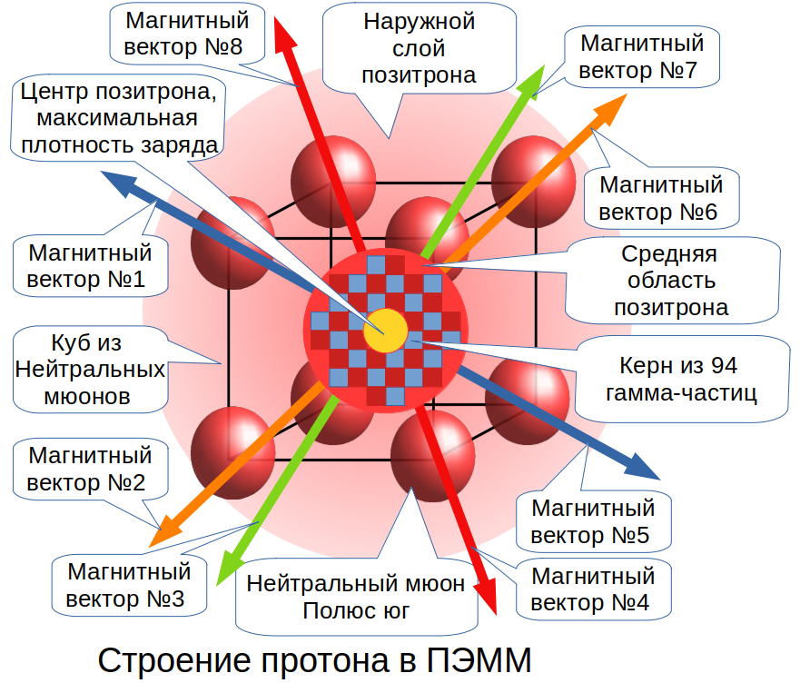 Схема строения протона по Позитронно-Электронно-Мюонной Модели (ПЭММ) Владимира Балтрунаса